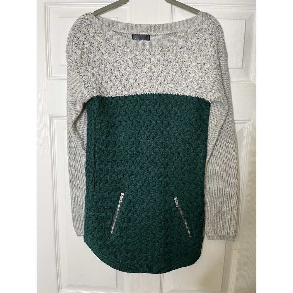 Love Always Womens Small Cable Knit Long Sleeve Sweater Fake Pocket Green Gray